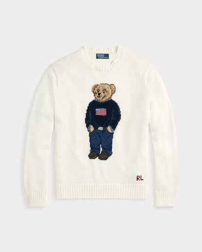 Ralph Lauren Polo Bear Cotton-Linen Sweater LS Deckwash White S
